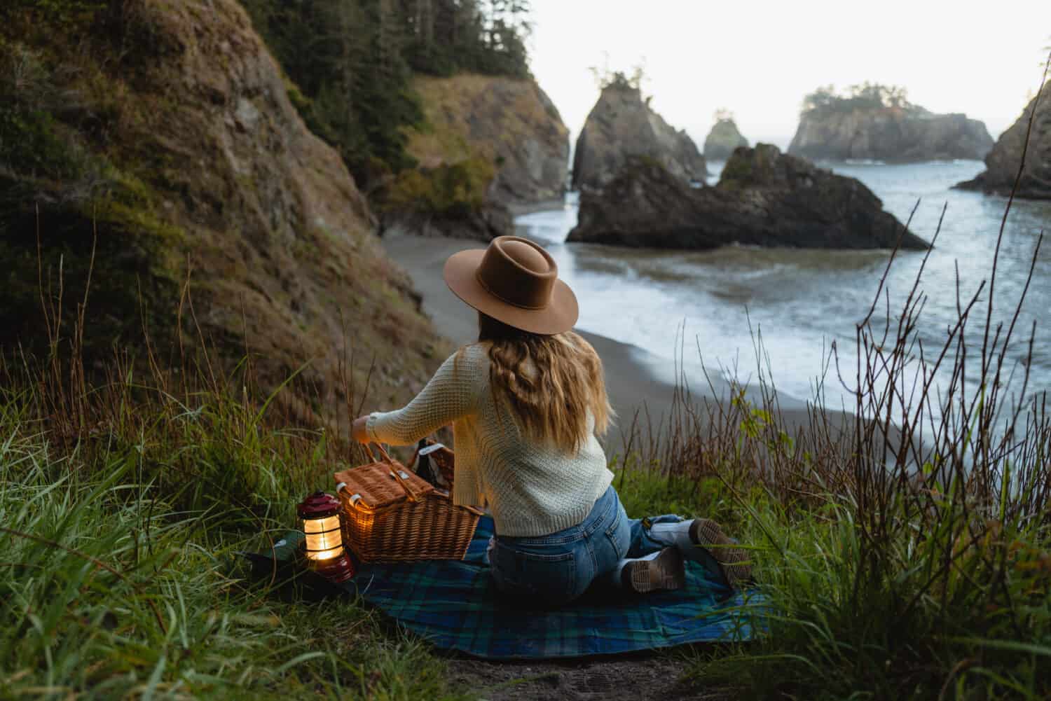 Emily Mandagie having a picnic at Secret Beach in Oregon