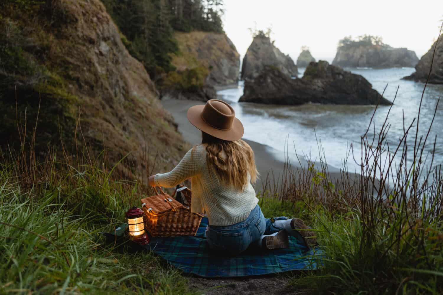 Emily Mandagie having a picnic at Secret Beach in Oregon