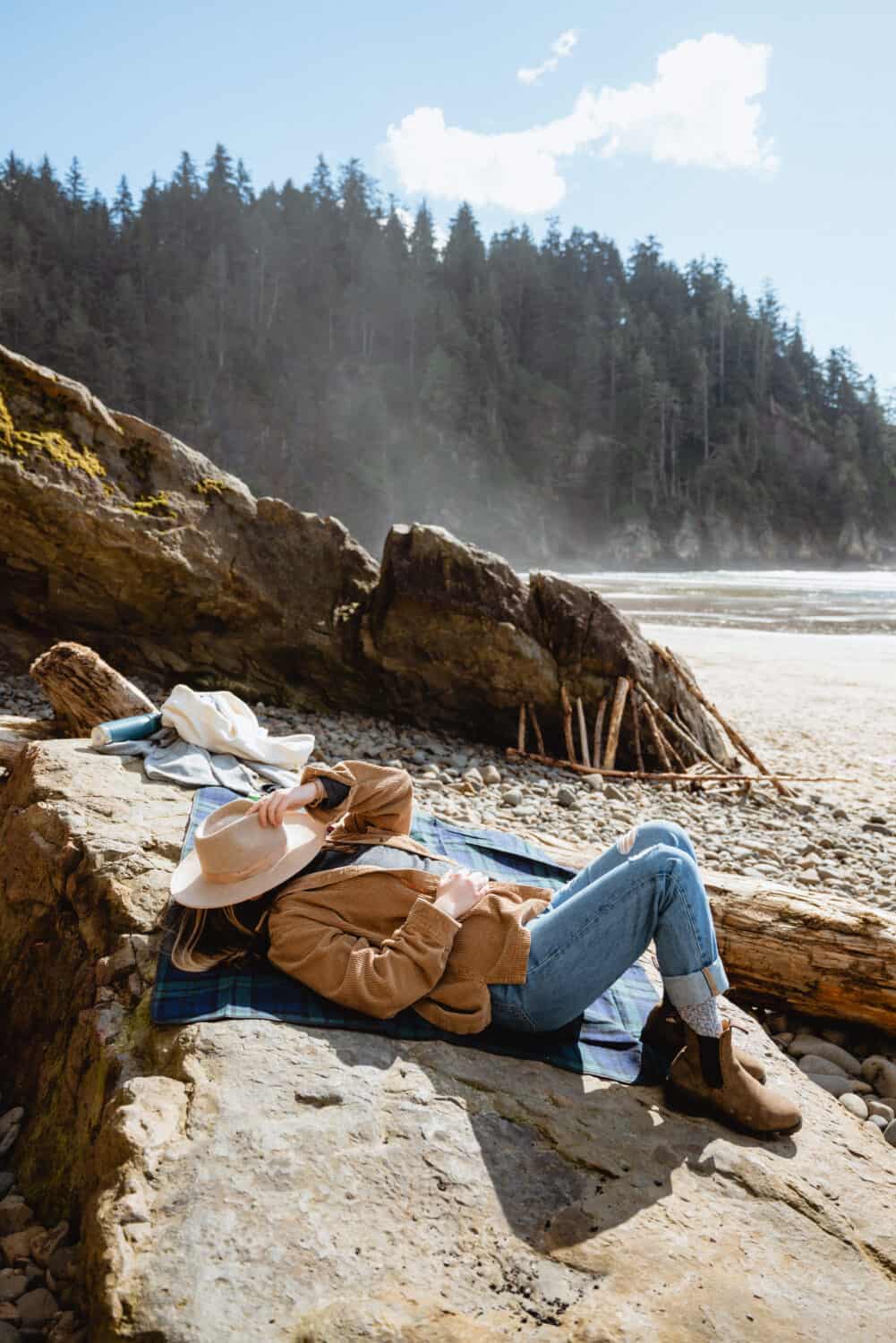 Emily Mandagie picnicking at Oswald West State Park