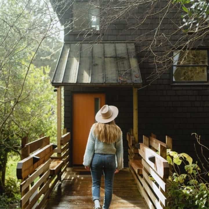 Emily, wearing hat, entering a cabin