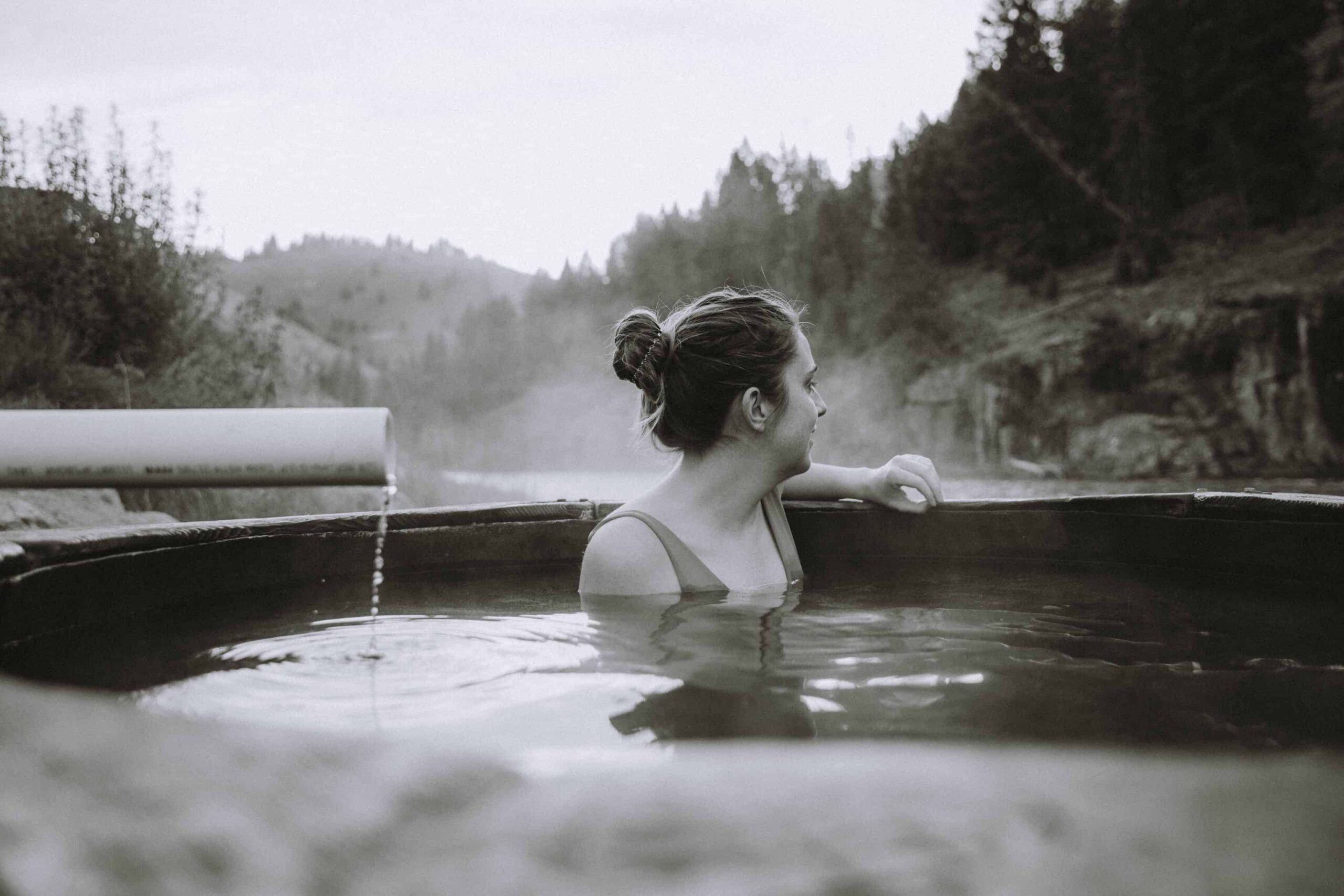 Emily Mandagie in hot springs near Stanley, Idaho