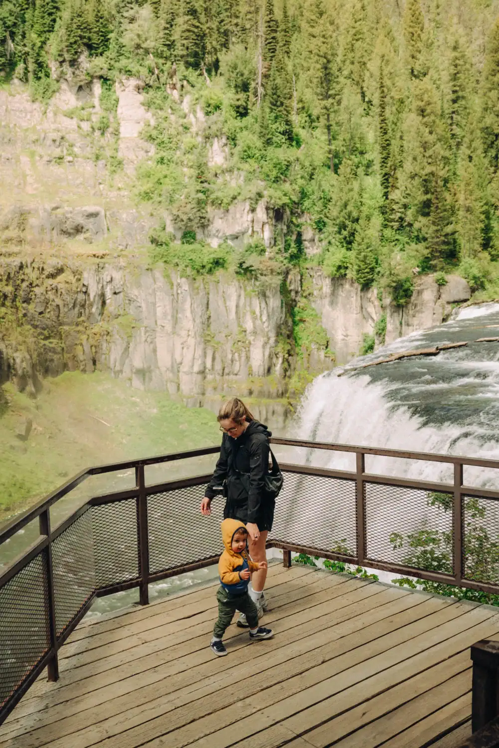 Emily Mandagie at Upper Mesa Falls Viewpoint with a toddler in Idaho Falls, Idaho